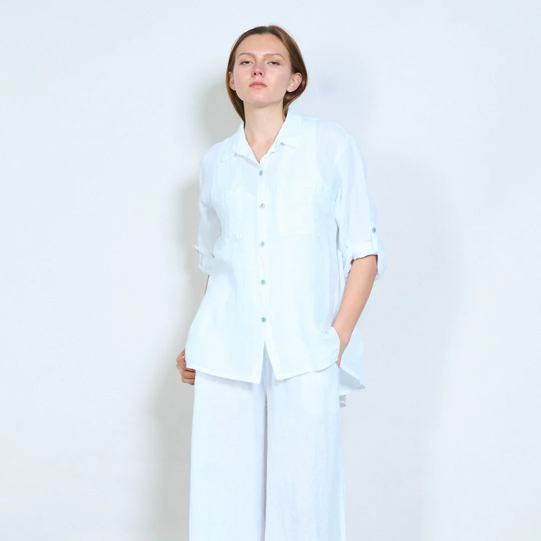 Camicia donna in lino con tasche frontali e maniche regolabili