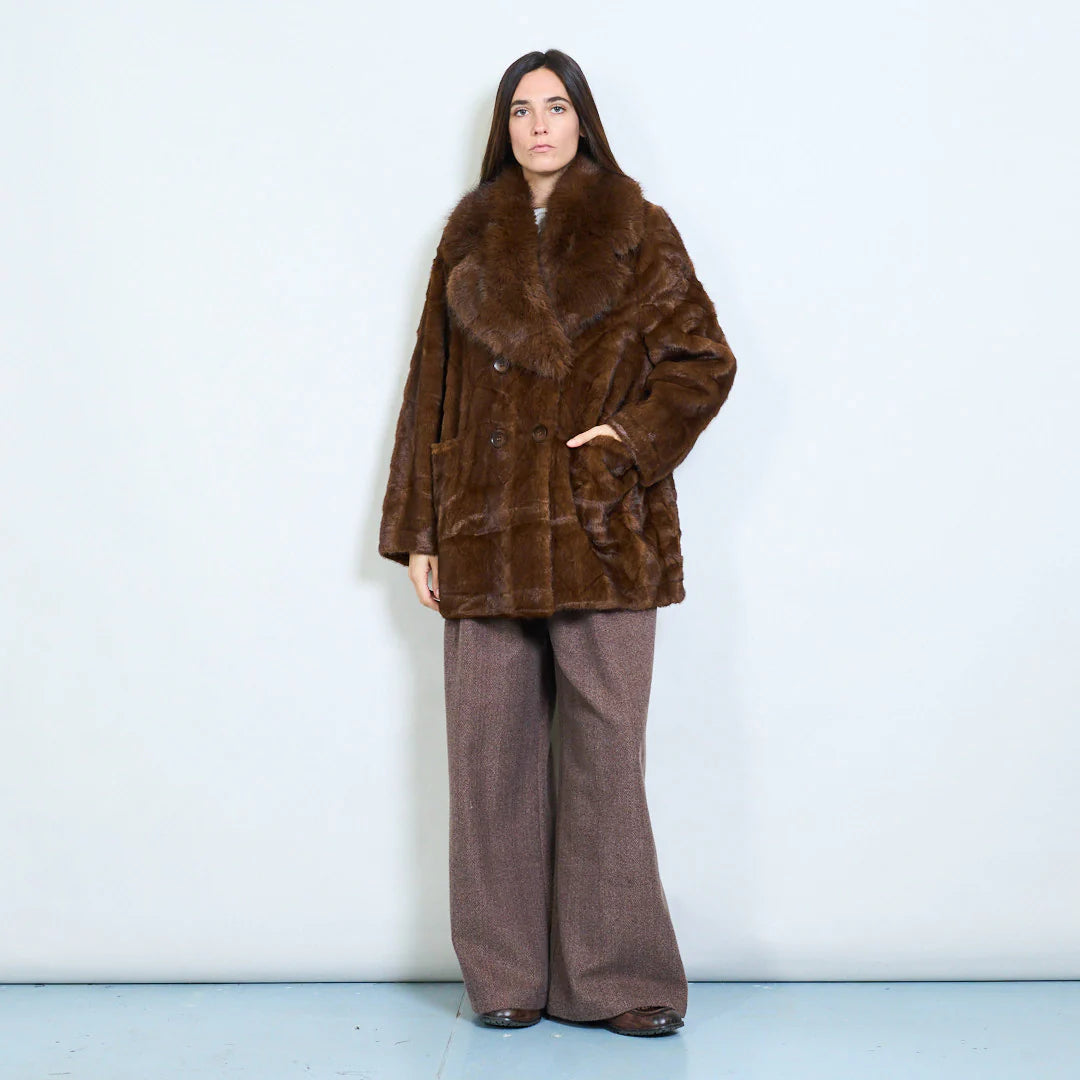 Faux Fur Coat with Voluminous Collar and Double Buttons