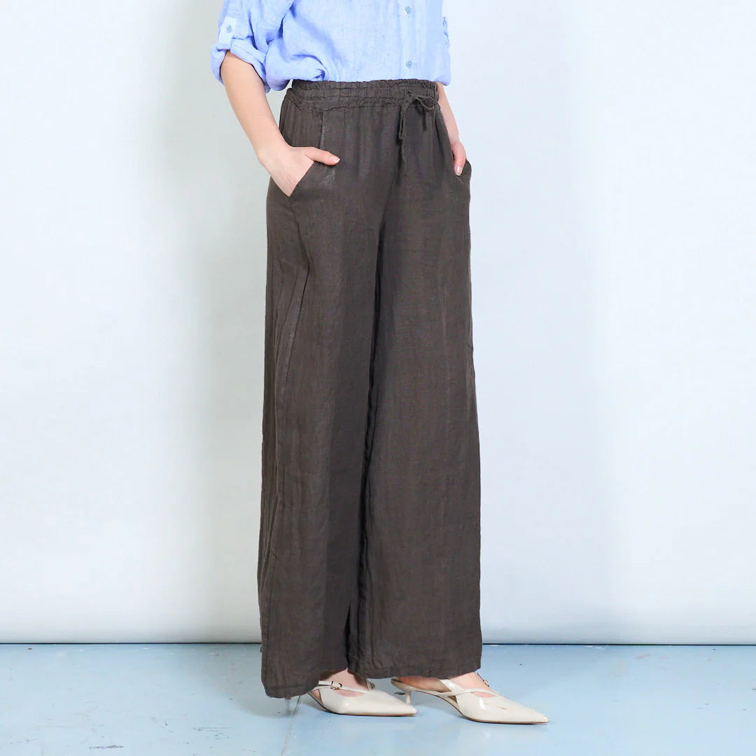 Pantaloni palazzo donna in lino con coulisse e tasche