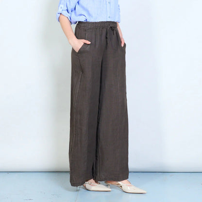 Pantaloni palazzo donna in lino con coulisse e tasche