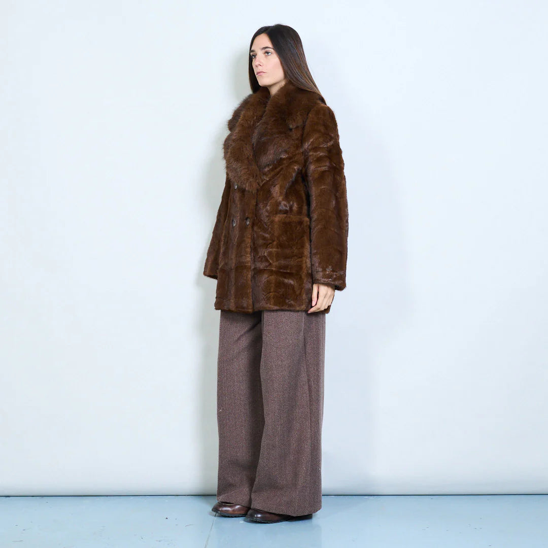Faux Fur Coat with Voluminous Collar and Double Buttons