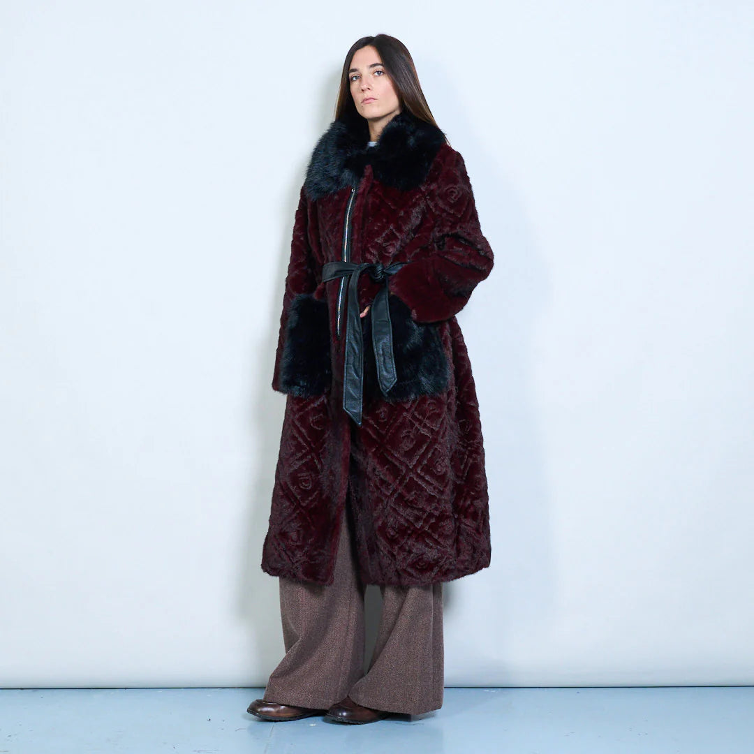 Long Faux Fur Coat with Belt and Contrasting Pockets
