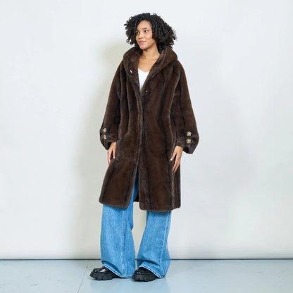 Faux Fur Coat with Hood and Gold Details