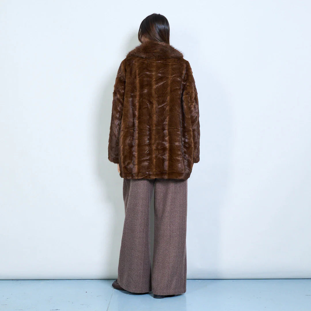 Faux Fur Coat with Voluminous Collar and Double Buttons