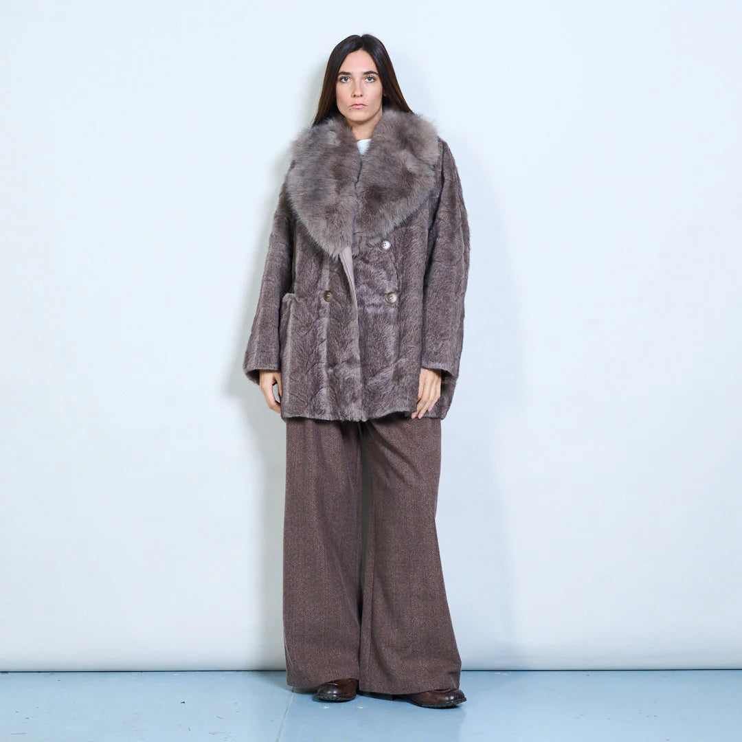 Faux Fur Coat with Voluminous Collar and Double Buttons