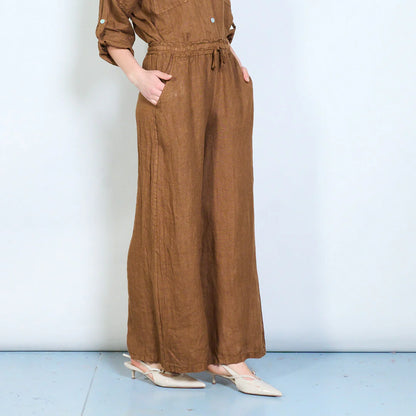Pantaloni palazzo donna in lino con coulisse e tasche