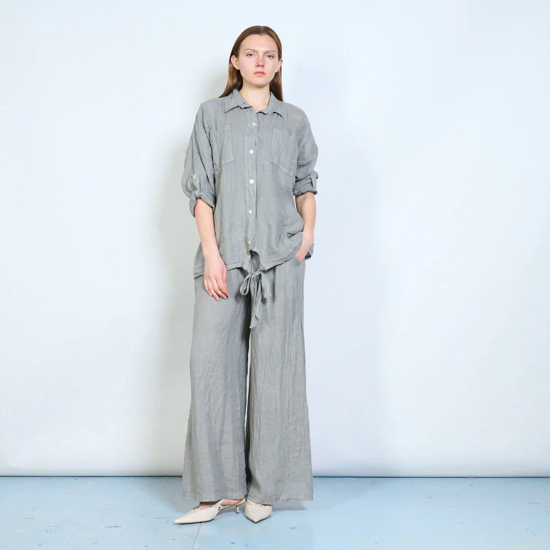 Camicia donna oversize con nodo frontale e maniche regolabili