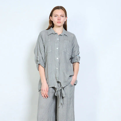 Camicia donna oversize con nodo frontale e maniche regolabili