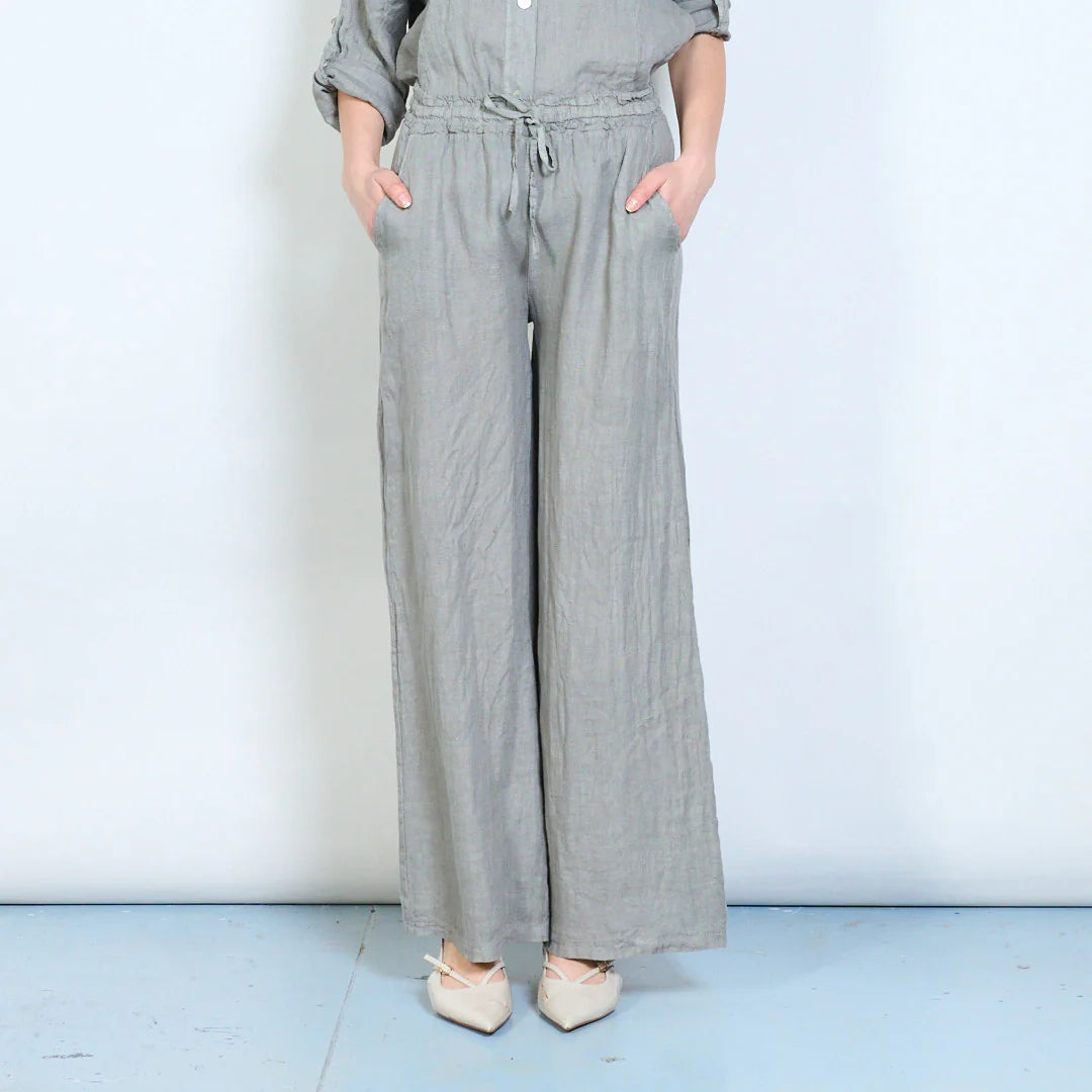 Pantaloni palazzo donna in lino con coulisse e tasche