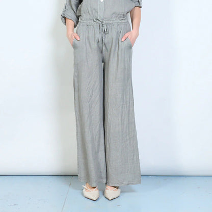 Pantaloni palazzo donna in lino con coulisse e tasche