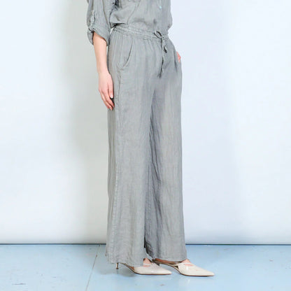 Pantaloni palazzo donna in lino con coulisse e tasche