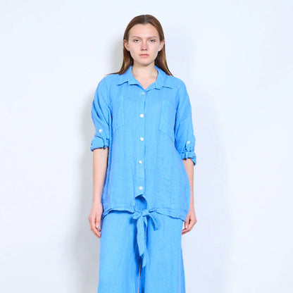 Camicia donna oversize con nodo frontale e maniche regolabili