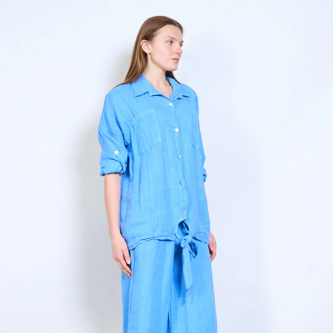 Camicia donna oversize con nodo frontale e maniche regolabili