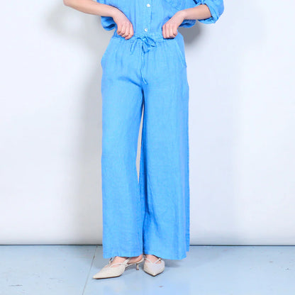 Pantaloni palazzo donna in lino con coulisse e tasche