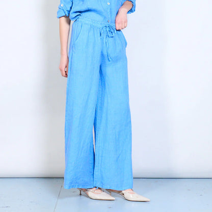 Pantaloni palazzo donna in lino con coulisse e tasche