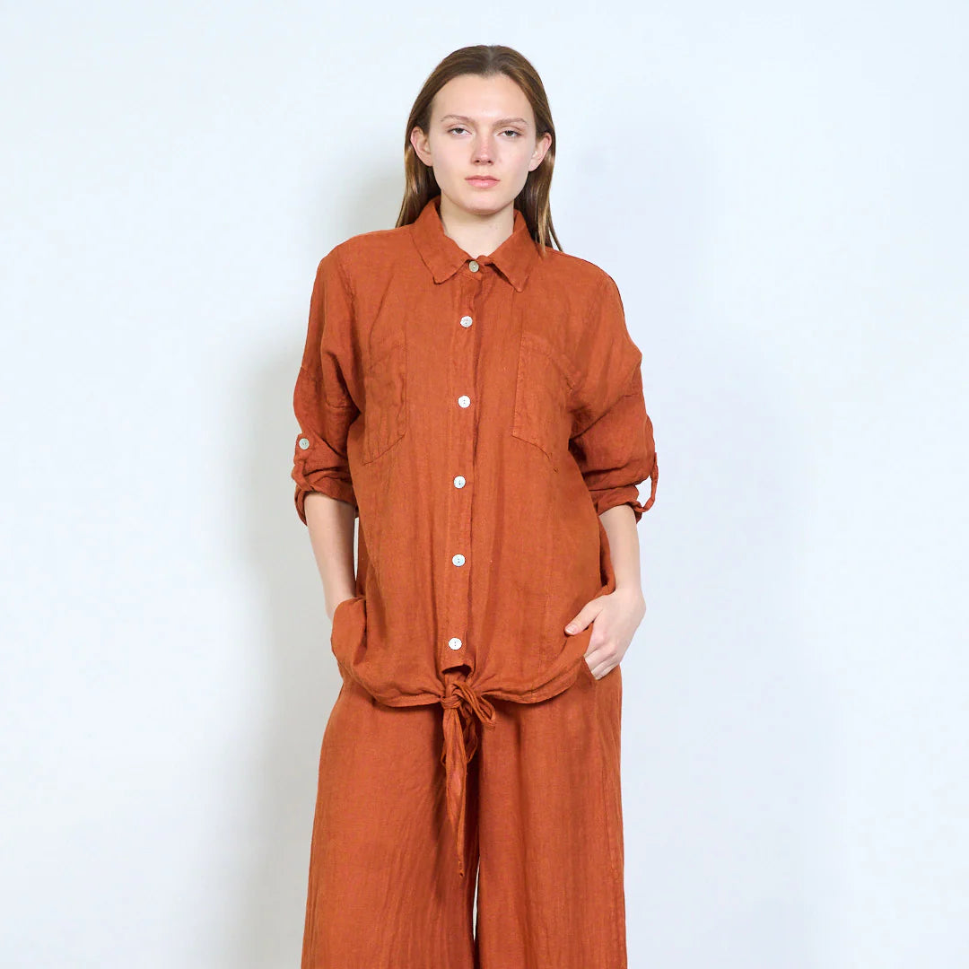 Camicia donna oversize con nodo frontale e maniche regolabili