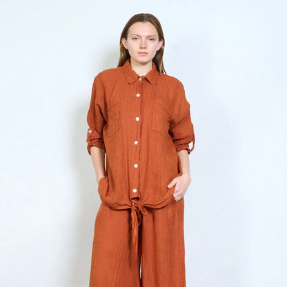Camicia donna oversize con nodo frontale e maniche regolabili