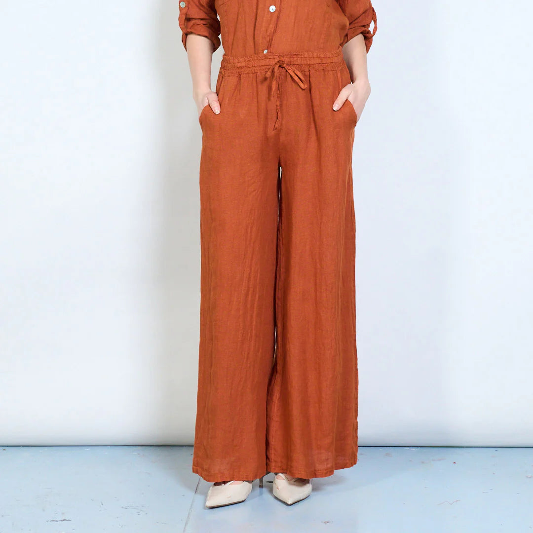 Pantaloni palazzo donna in lino con coulisse e tasche