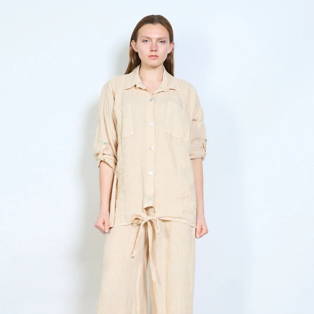 Camicia donna oversize con nodo frontale e maniche regolabili