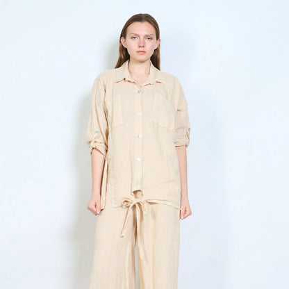 Camicia donna oversize con nodo frontale e maniche regolabili