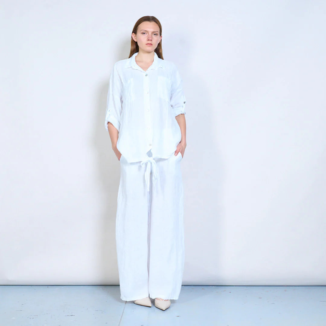 Camicia donna oversize con nodo frontale e maniche regolabili