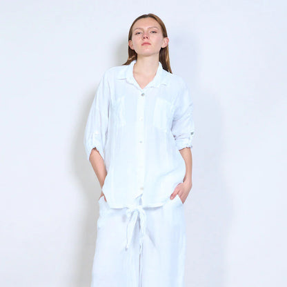 Camicia donna oversize con nodo frontale e maniche regolabili