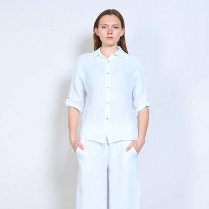 Camicia donna in lino con colletto classico e maniche arrotolabili