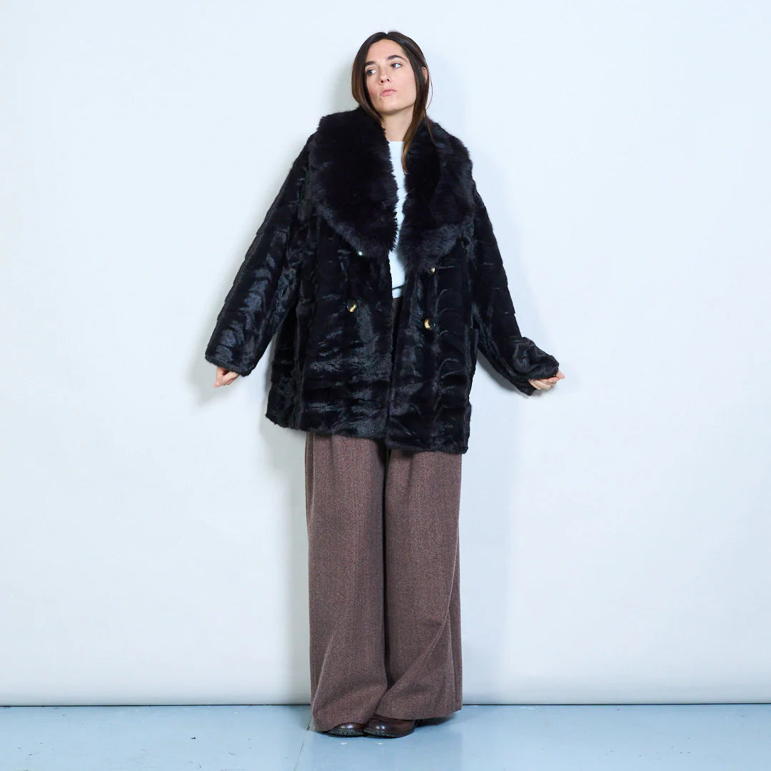 Faux Fur Coat with Voluminous Collar and Double Buttons
