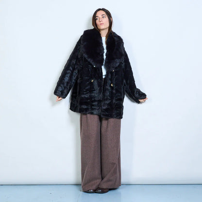 Faux Fur Coat with Voluminous Collar and Double Buttons