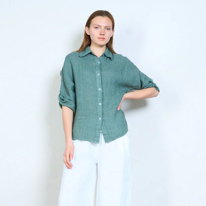 Camicia donna in lino con colletto classico e maniche arrotolabili