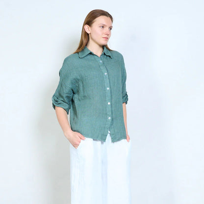 Camicia donna in lino con colletto classico e maniche arrotolabili