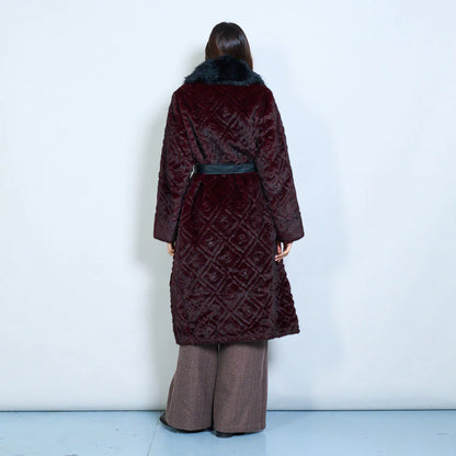 Long Faux Fur Coat with Belt and Contrasting Pockets