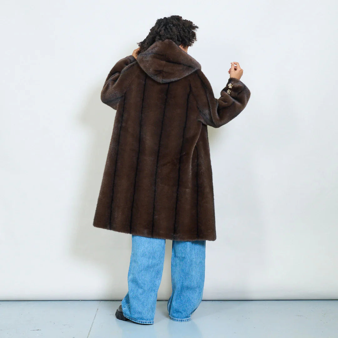 Faux Fur Coat with Hood and Gold Details