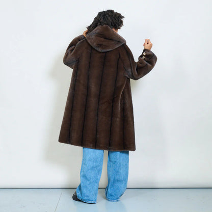 Faux Fur Coat with Hood and Gold Details