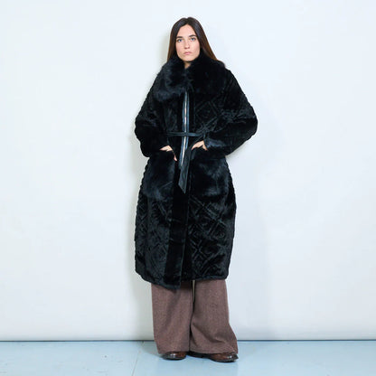 Long Faux Fur Coat with Belt and Contrasting Pockets