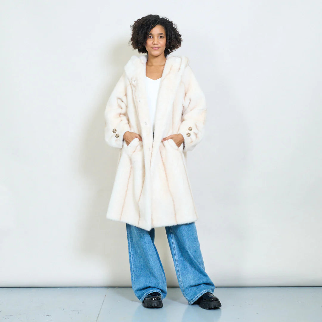 Faux Fur Coat with Hood and Gold Details