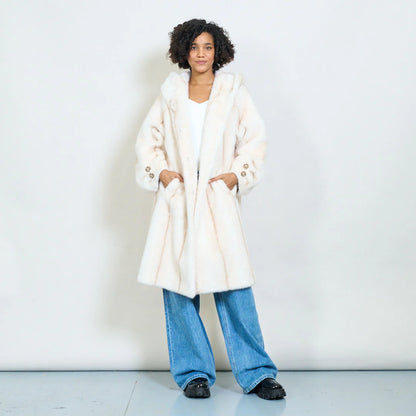 Faux Fur Coat with Hood and Gold Details