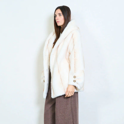 Short Faux Fur Coat with Hood and Jewel Buttons