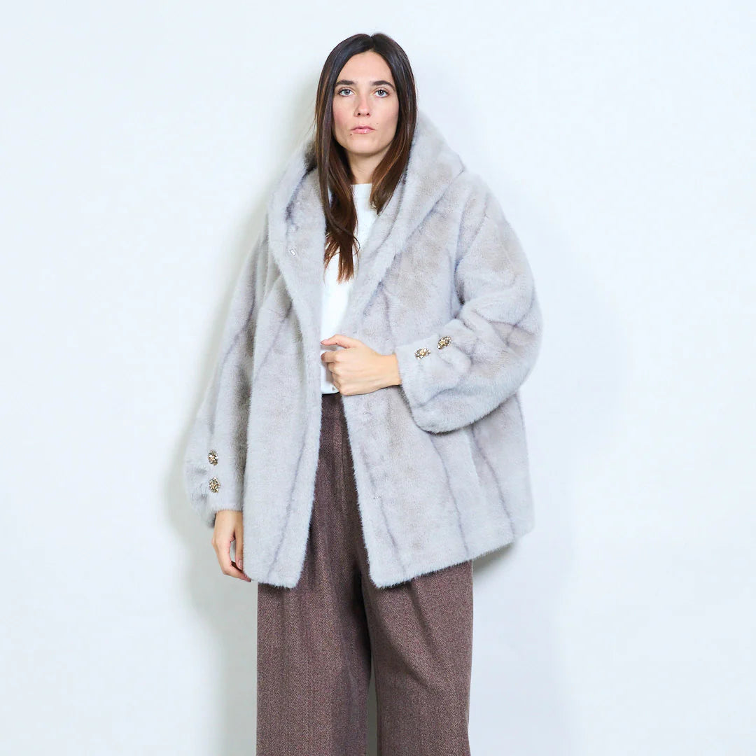 Short Faux Fur Coat with Hood and Jewel Buttons