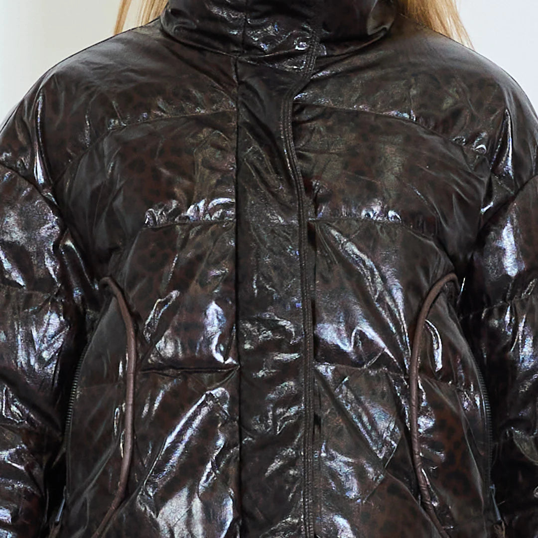 Women's Short Glossy-Effect Jacket with Leopard Print – Winter Trend
