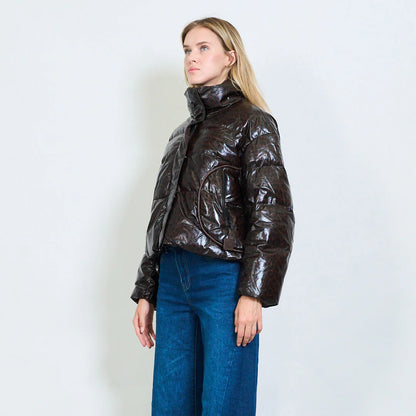 Women's Short Glossy-Effect Jacket with Leopard Print – Winter Trend