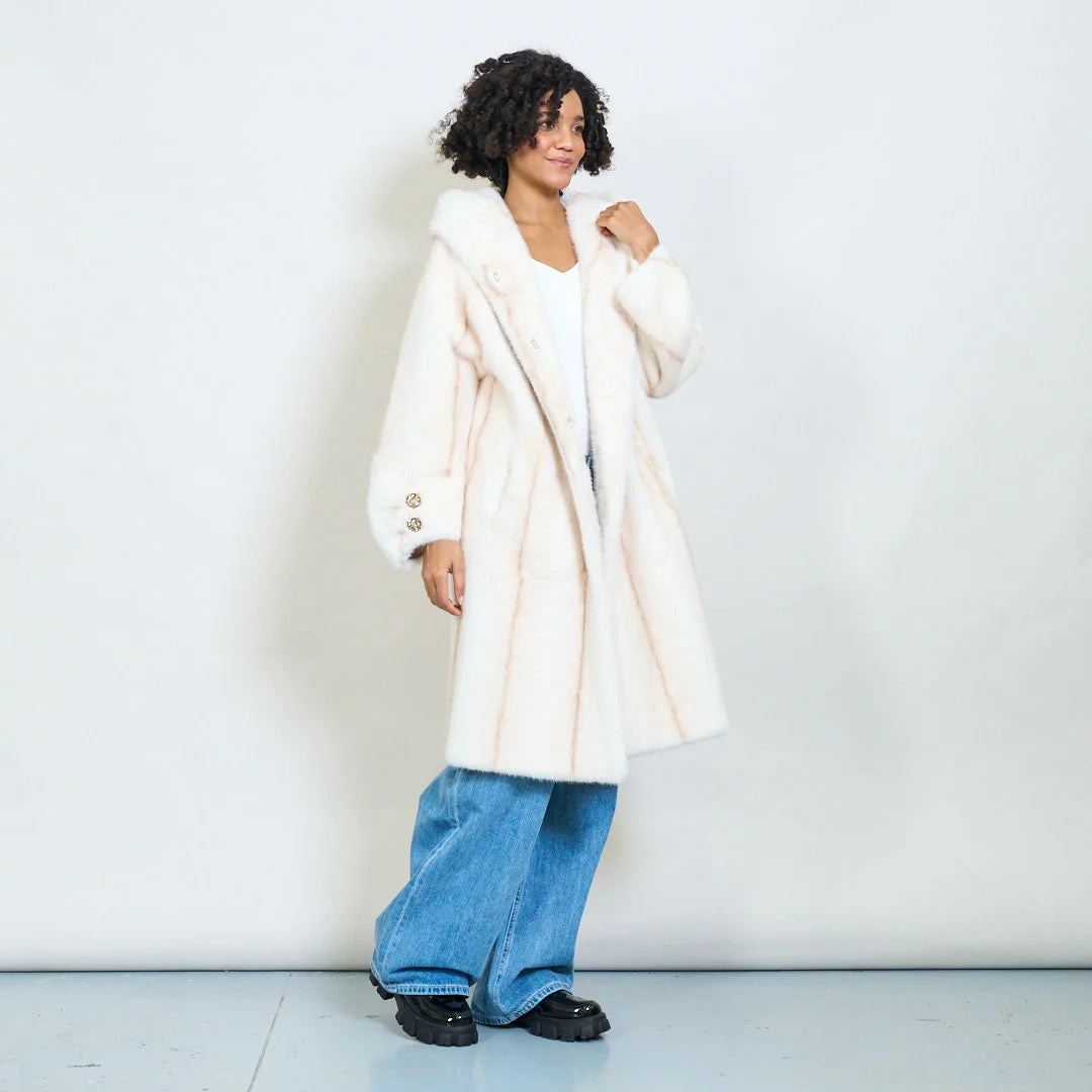 Faux Fur Coat with Hood and Gold Details