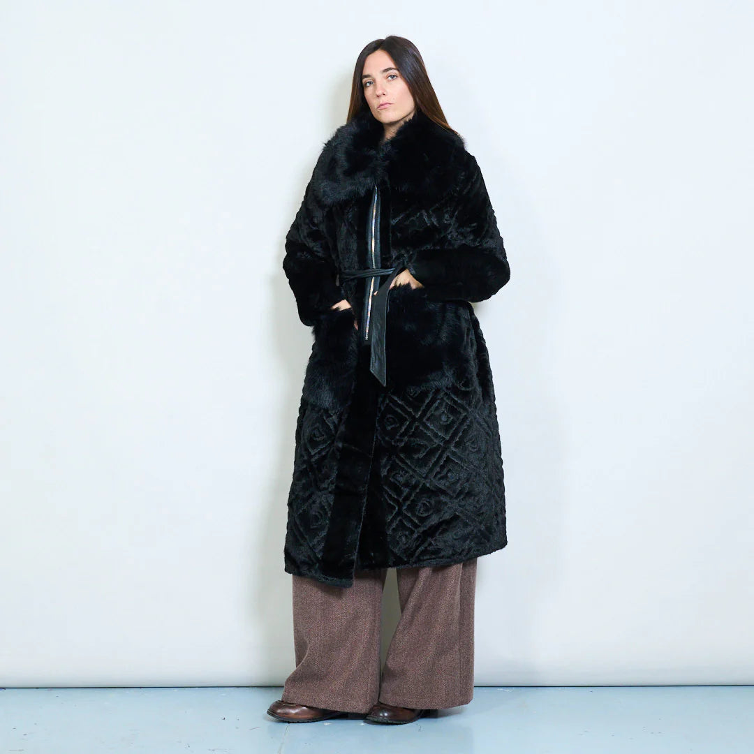 Long Faux Fur Coat with Belt and Contrasting Pockets