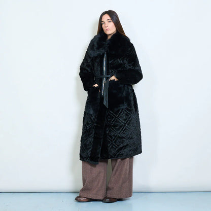 Long Faux Fur Coat with Belt and Contrasting Pockets
