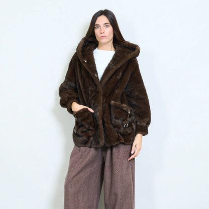 Women's Short Coat with Faux Fur Hood