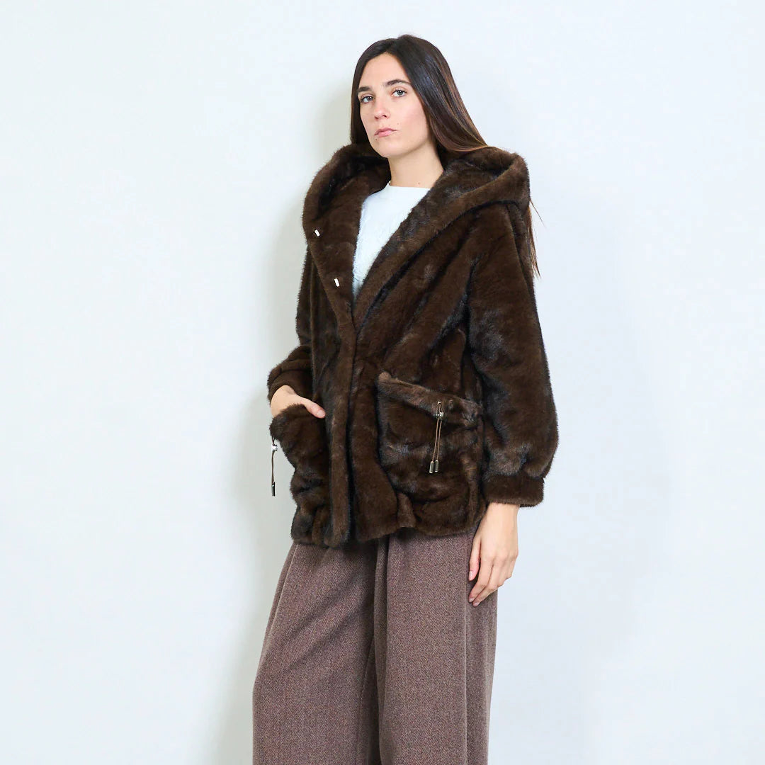 Women's Short Coat with Faux Fur Hood