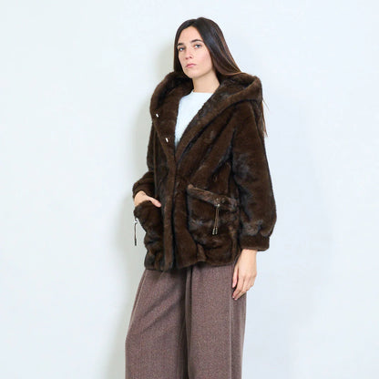 Women's Short Coat with Faux Fur Hood
