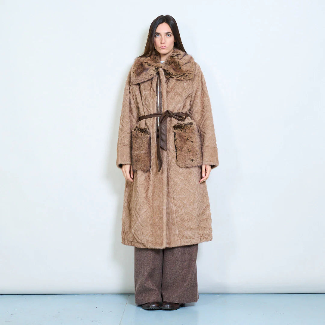 Long Faux Fur Coat with Belt and Contrasting Pockets