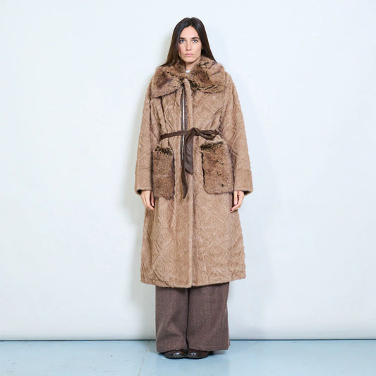 Long Faux Fur Coat with Belt and Contrasting Pockets