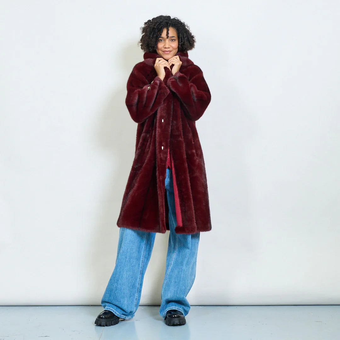 Faux Fur Coat with Hood and Gold Details